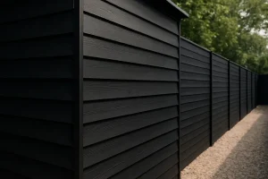 Zwarte rabatdelen met halfhouts profiel: strakke, tijdloze gevel en schutting