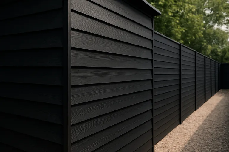 Zwarte rabatdelen met halfhouts profiel: strakke, tijdloze gevel en schutting